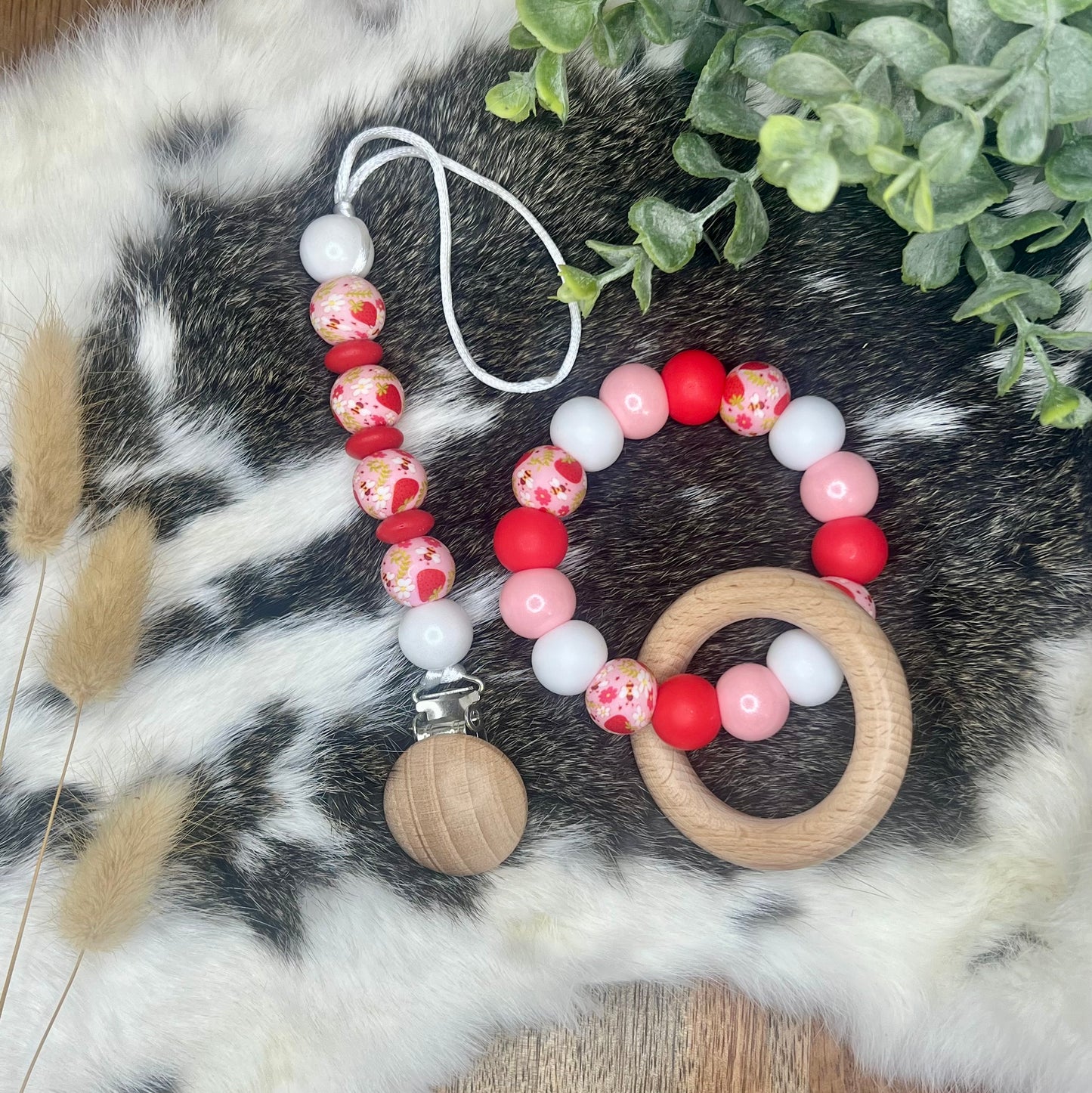 Strawberry fields pacifier clip + teether ring set