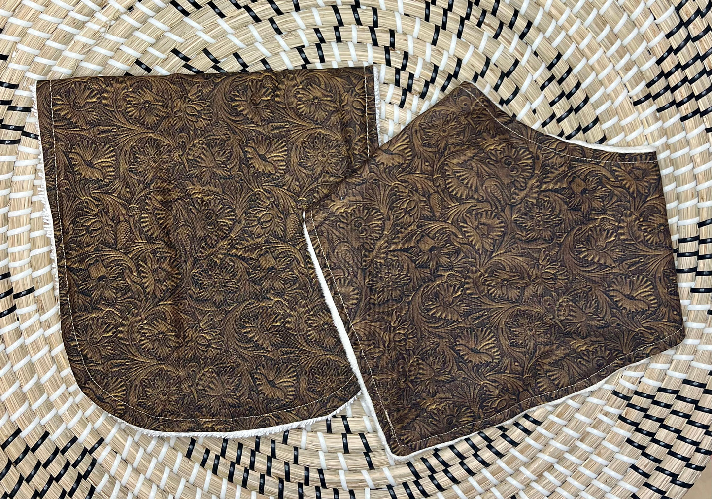 Tooled leather bandana bib+burp cloth set
