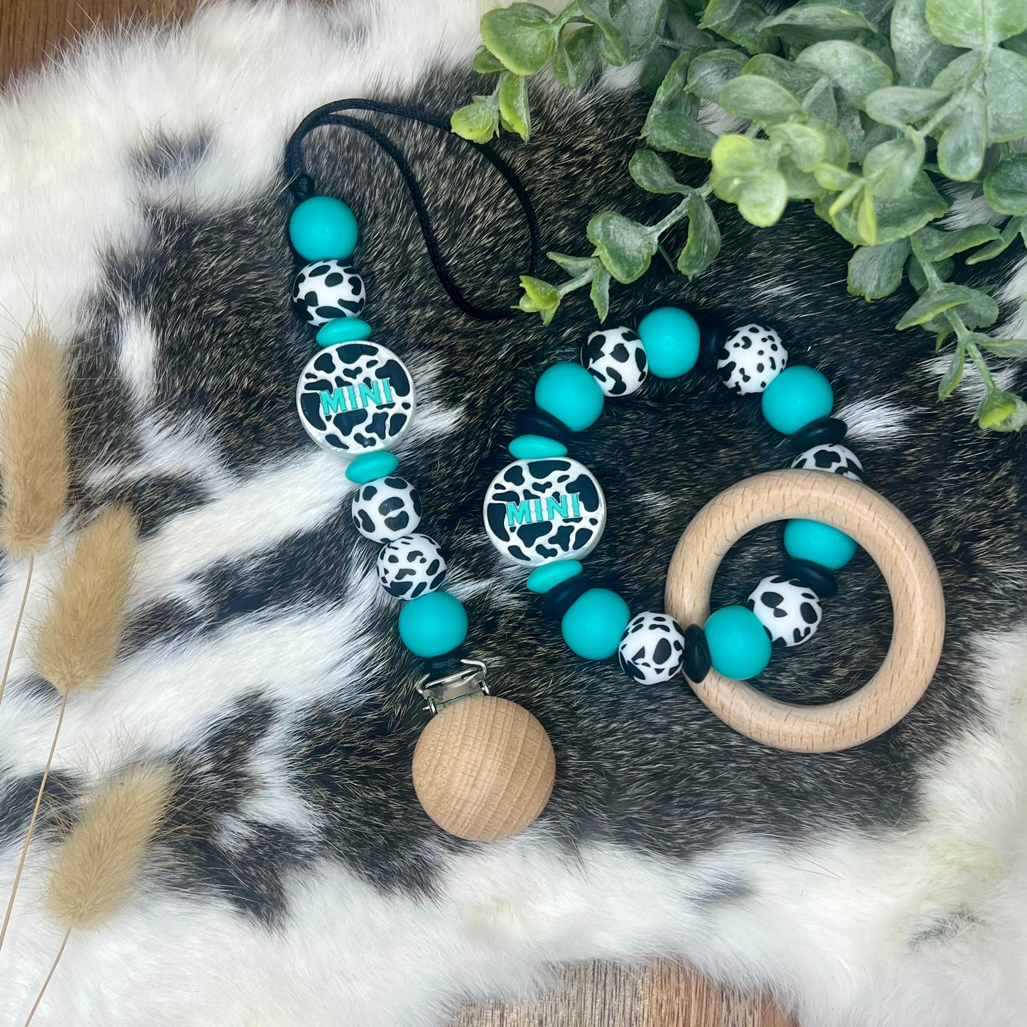 Turquoise mini pacifier clip + teether ring set