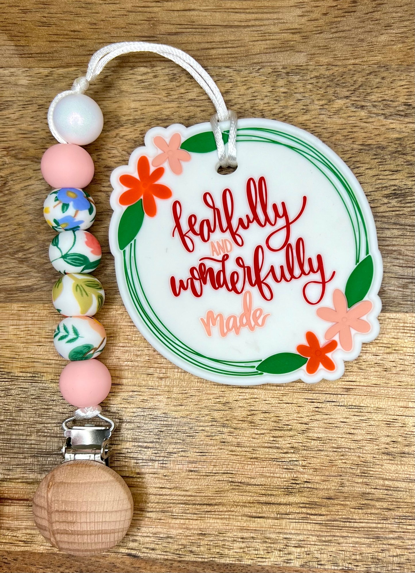 Fearfully and wonderfully made pacifier clip + silicone teether