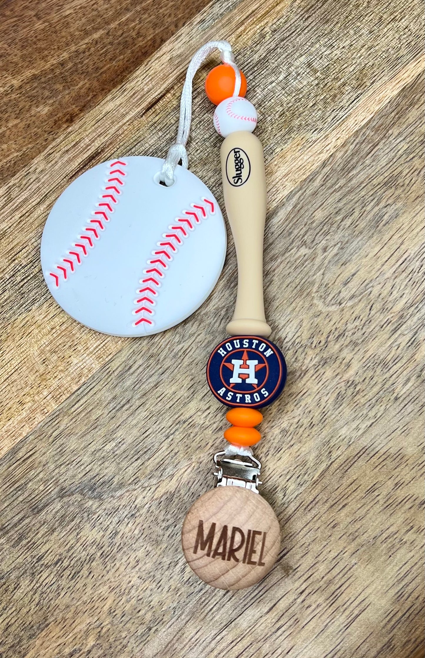 Htown Stros baseball teether+pacifier clip