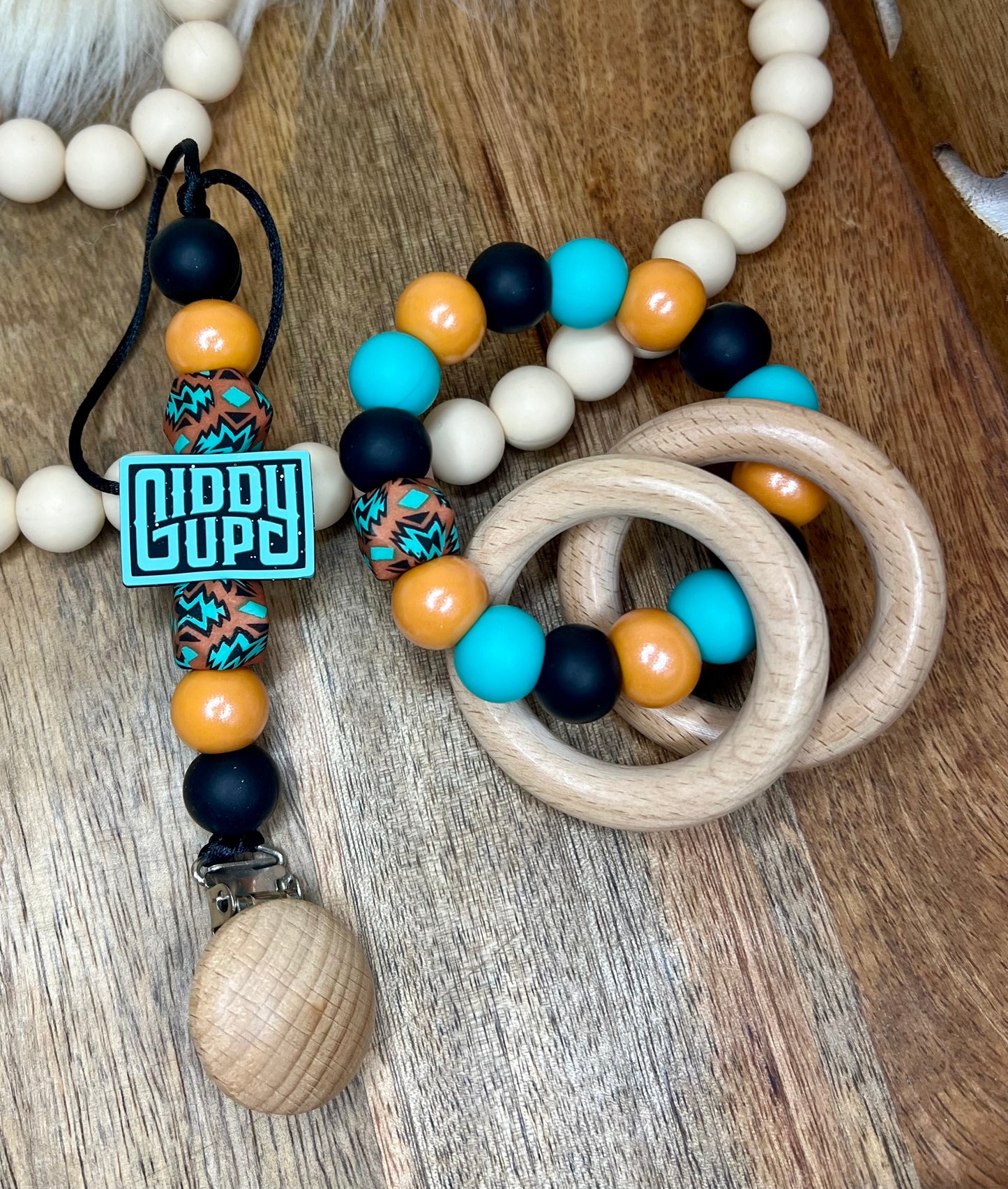 Giddy up aztec pacifier clip + teether ring set