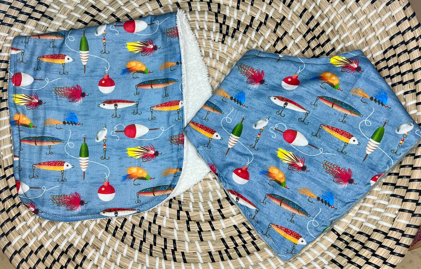 Fish & bobber bandana bib+burp cloth set