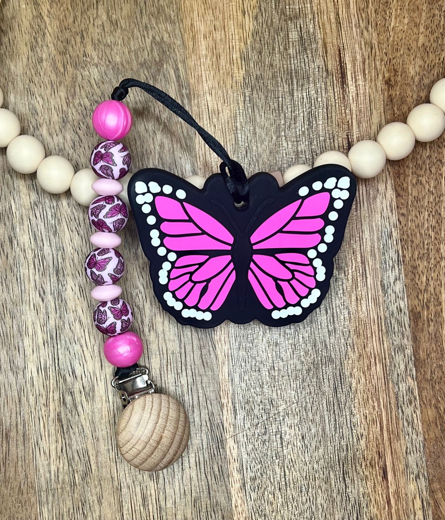 Pink Butterfly pacifier clip + silicone teether