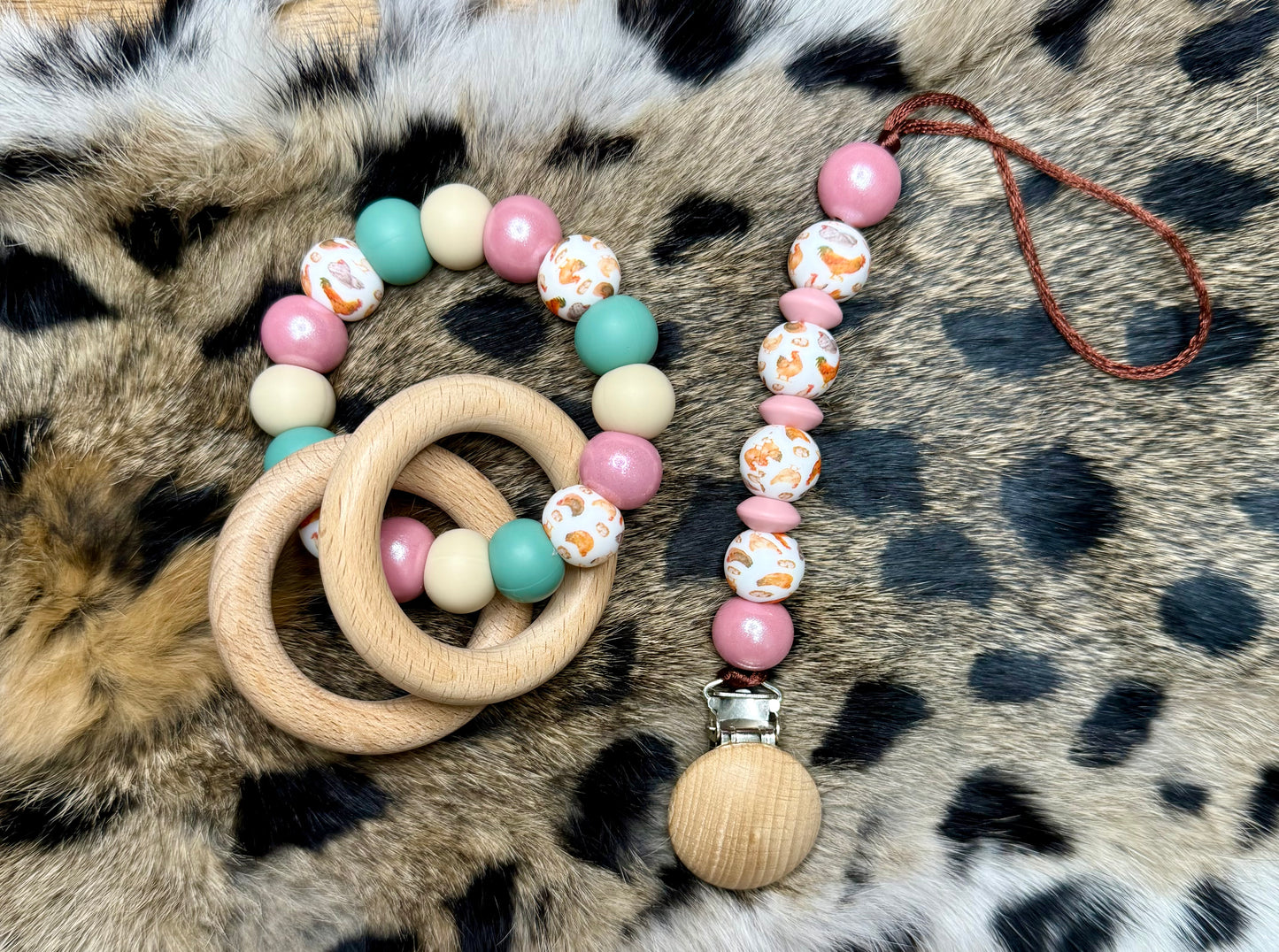 Pastel chicken pacifier clip + teether ring set