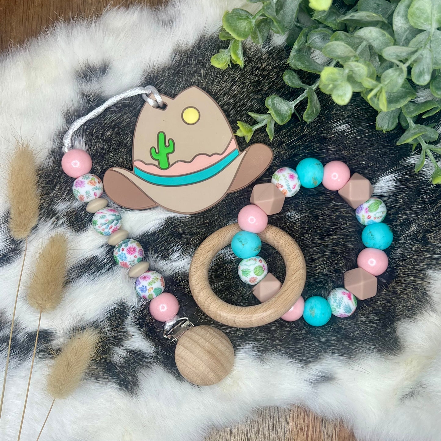 Cowgirl hat pacifier clip + matching teether