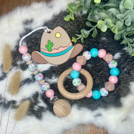 Cowgirl hat pacifier clip + matching teether