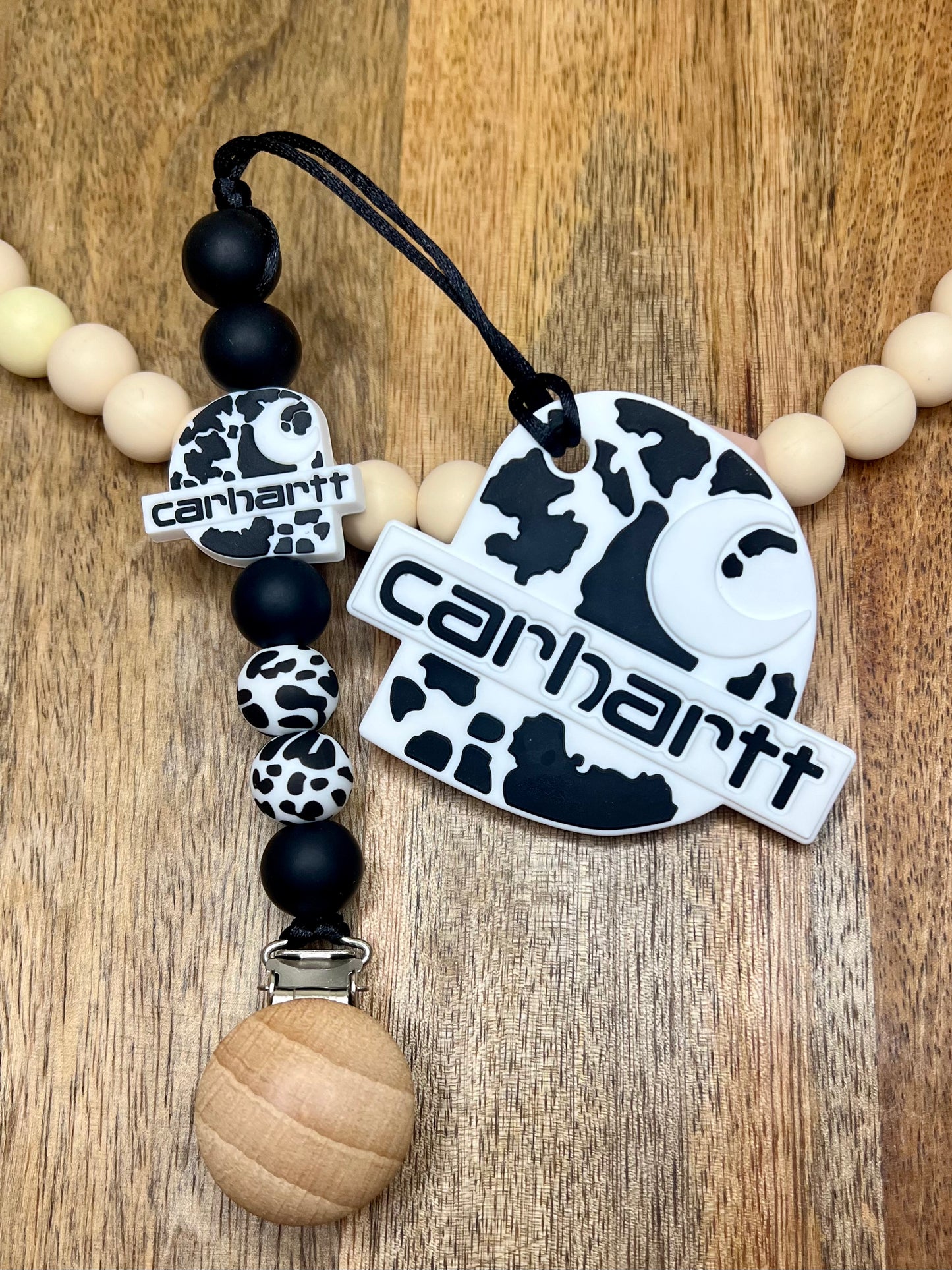 Cowprint c-hartt pacifier clip+teether set