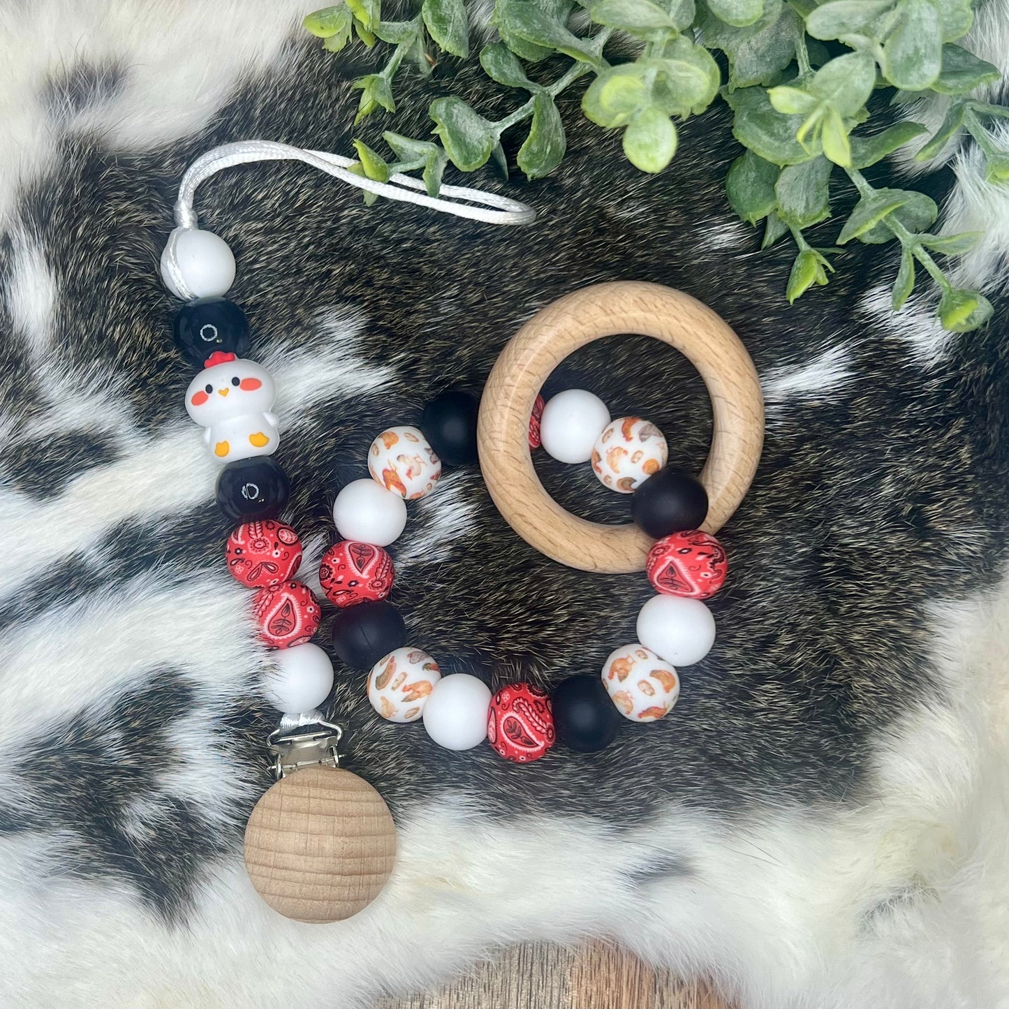 Paisley chicken pacifier clip + teether ring set