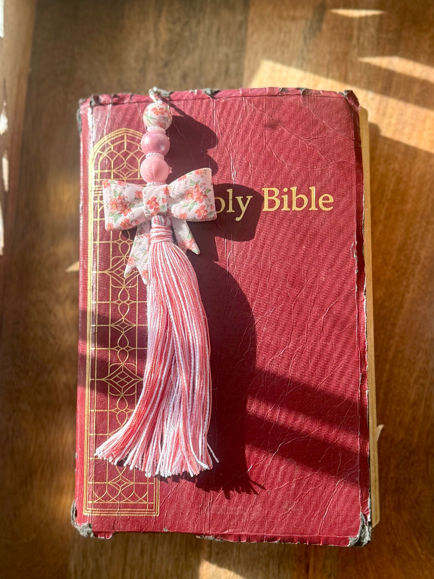 Coral floral bow xl Bible tassel