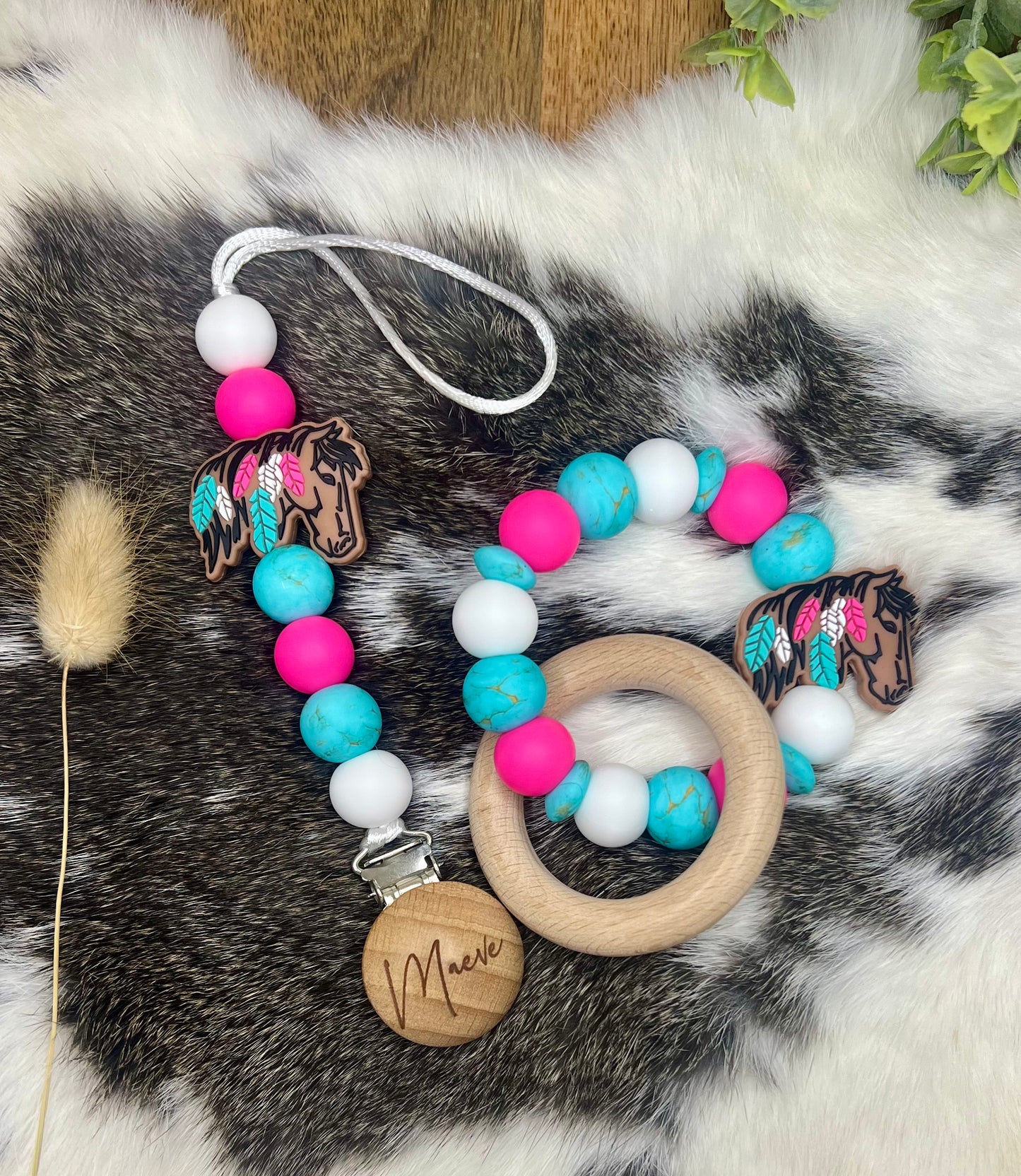 Feathered horse pacifier clip + teether ring set