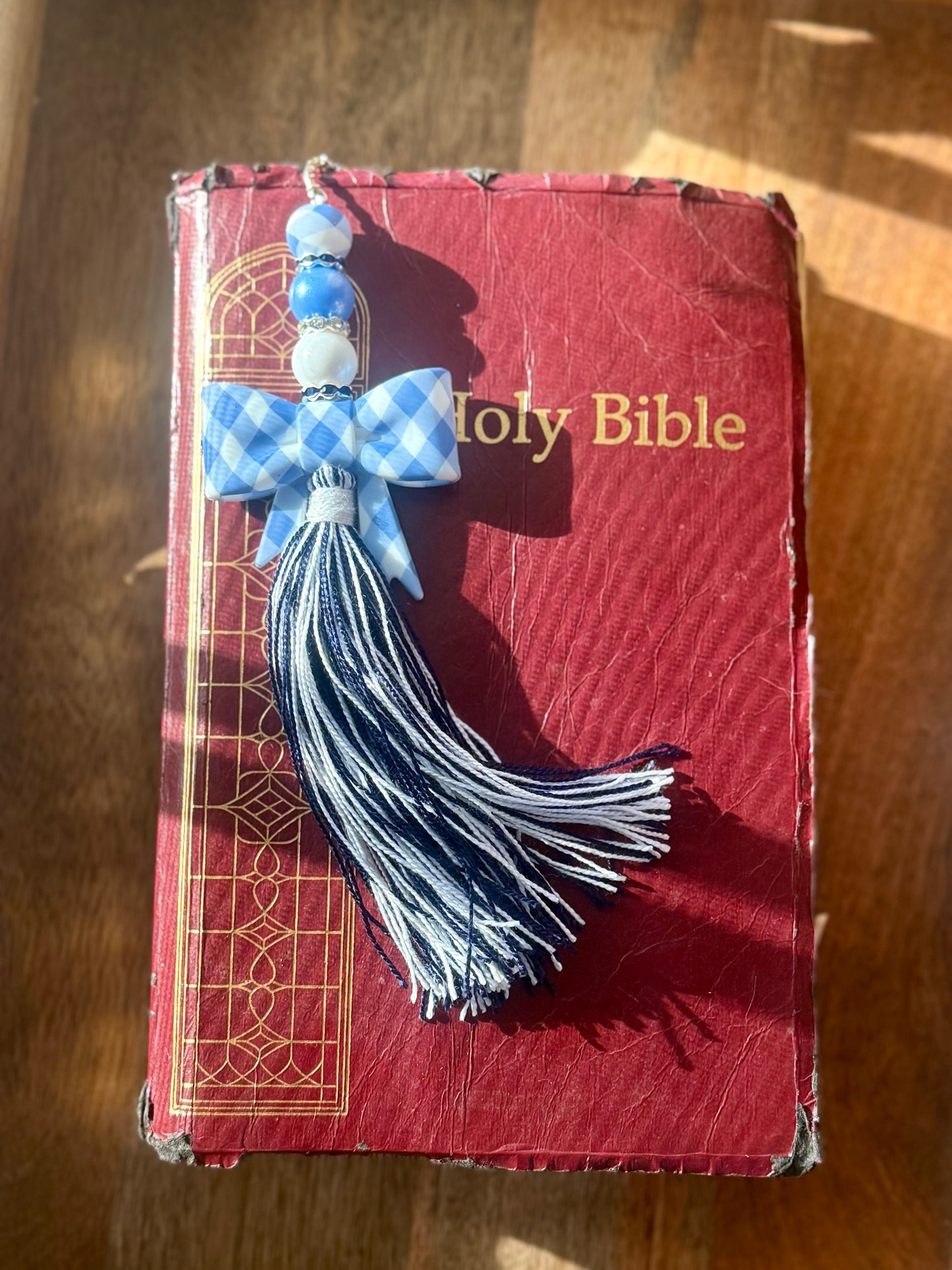Blue gingham bow xl Bible tassel