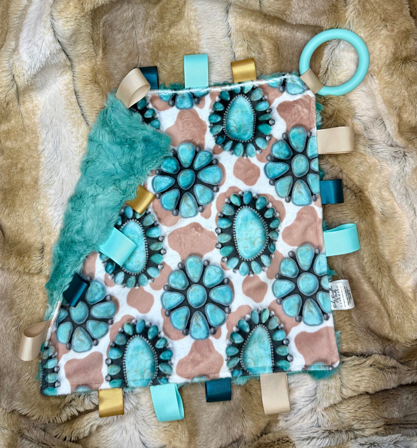 Turquoise and pink cow tag lovey