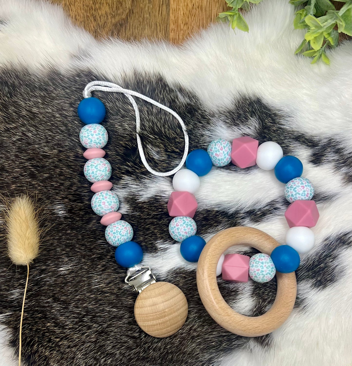 Pastel cheetah pacifier clip + teether ring set