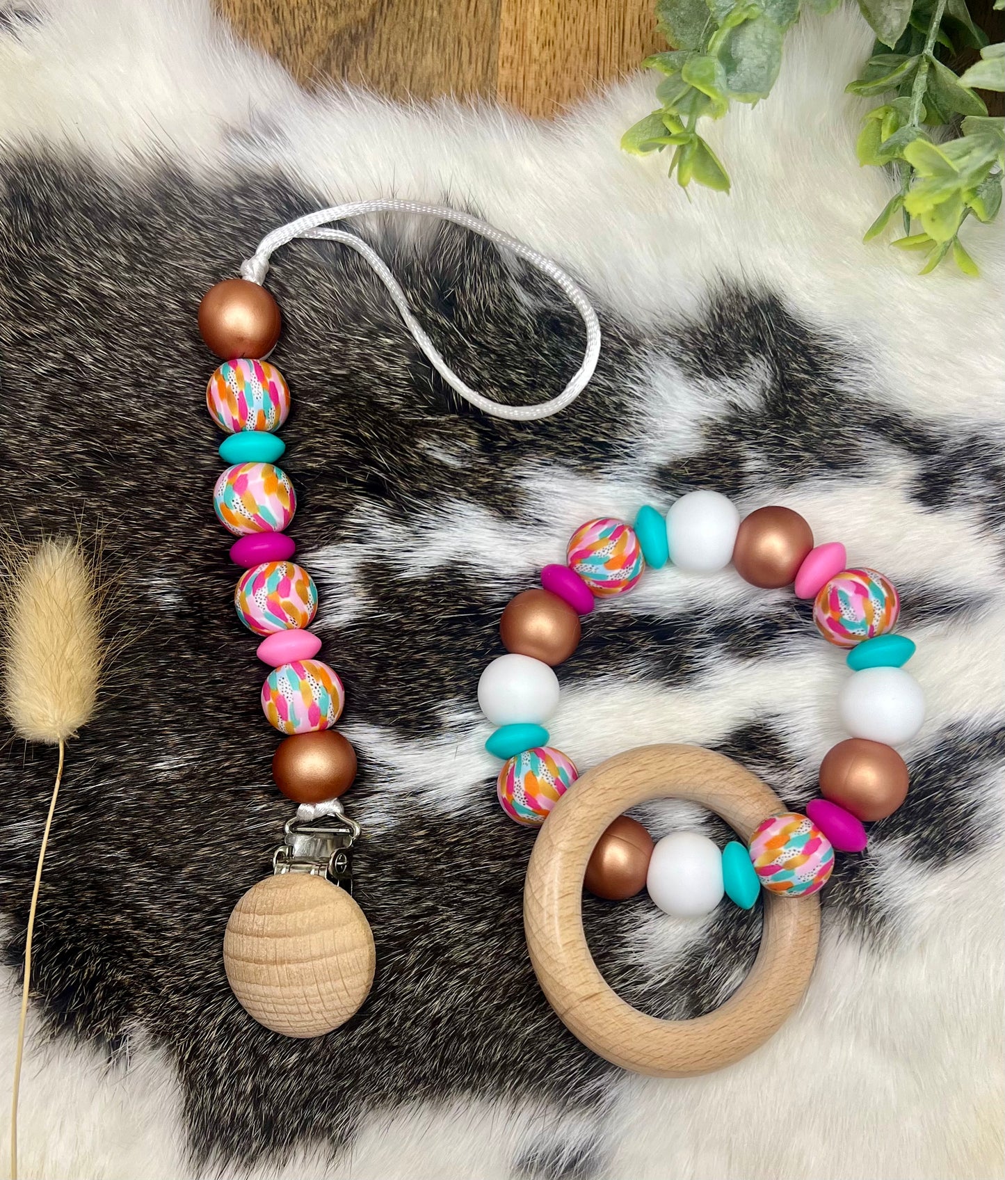 Brushstrokes pacifier clip + teether ring set