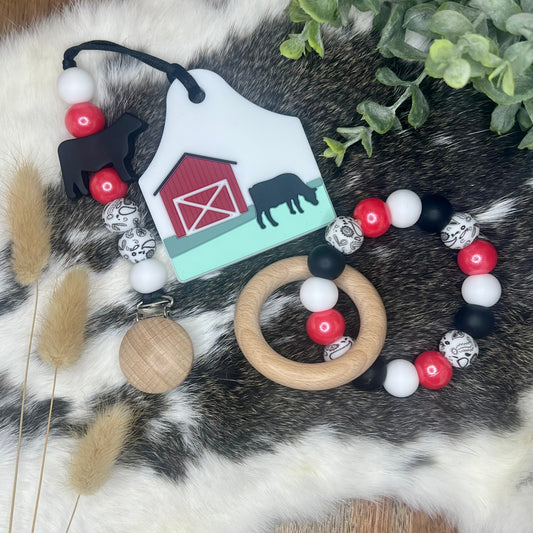 On the farm pacifier clip + matching teether