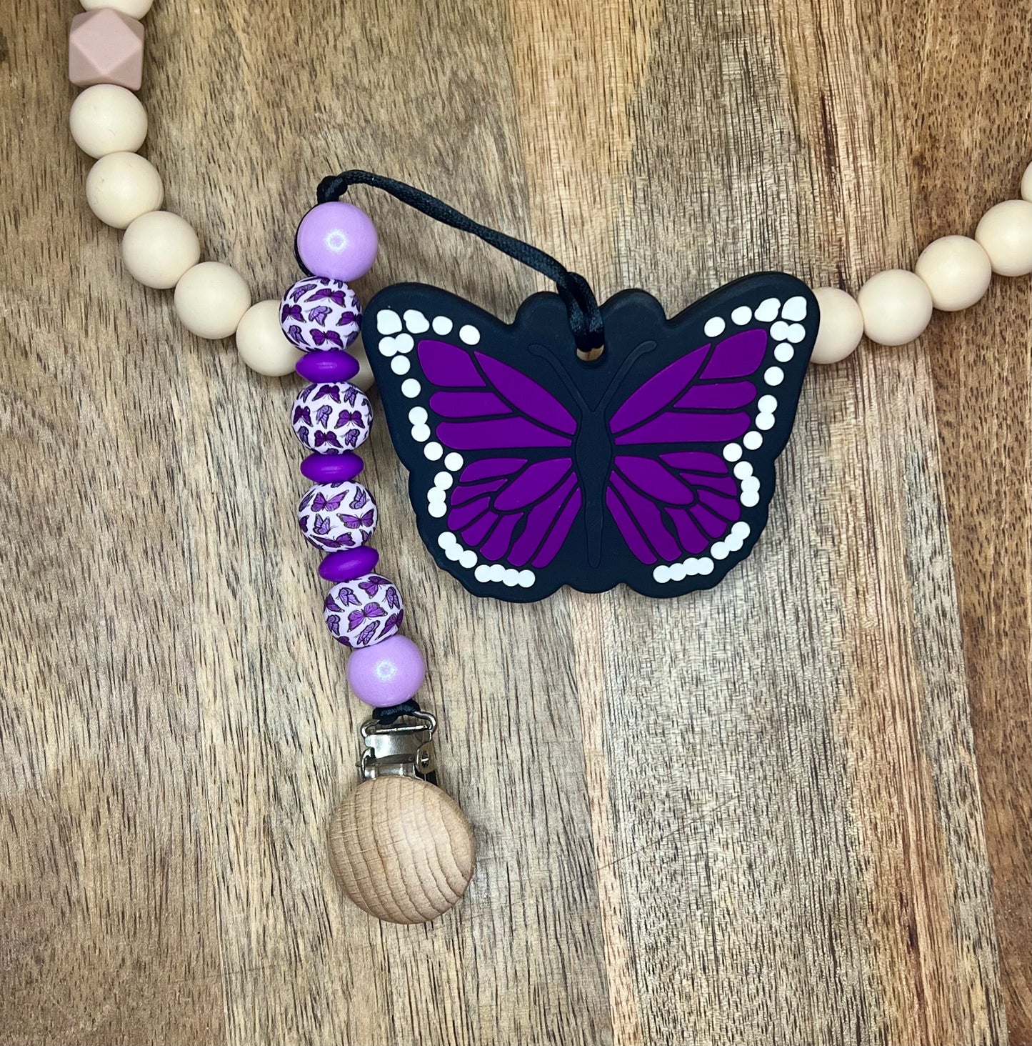 Butterfly pacifier clip+teether set-purple