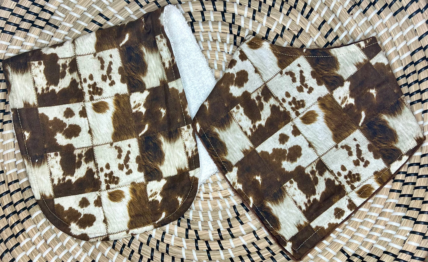 Cowhide patch bandana bib+burp cloth set