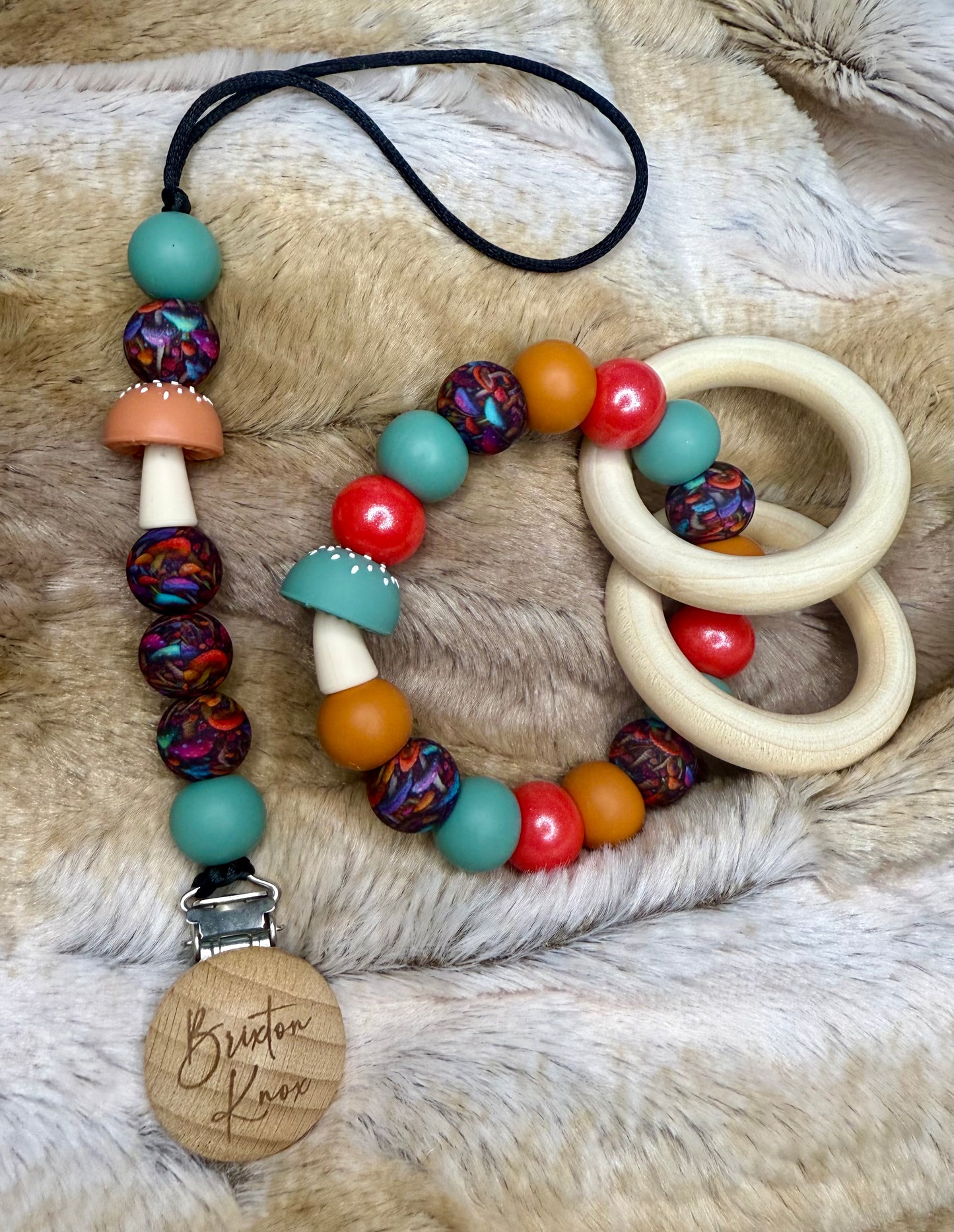 Colorful mushroom pacifier clip + teether ring