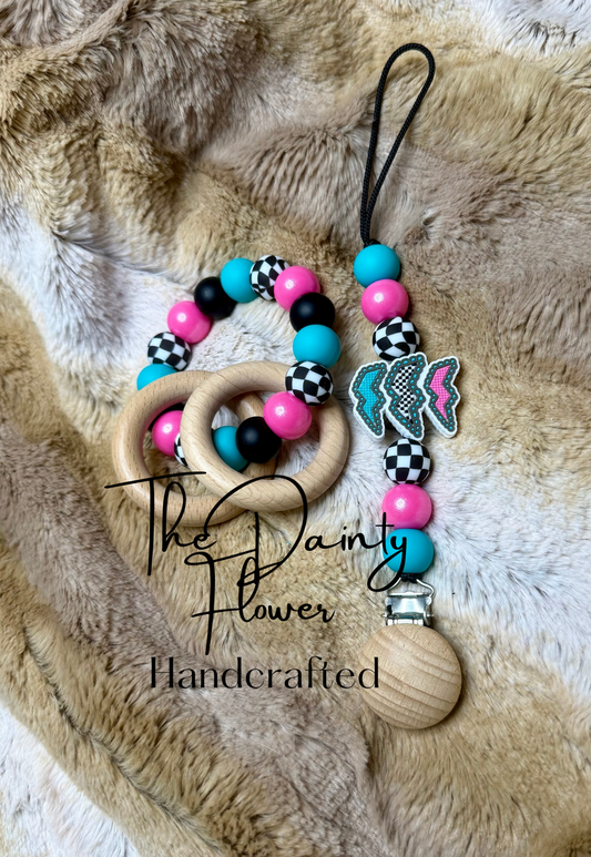 Lightening bolt pacifier clip + teether ring