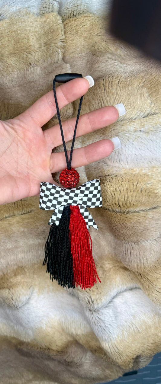 Red and black checkered bow carcharm