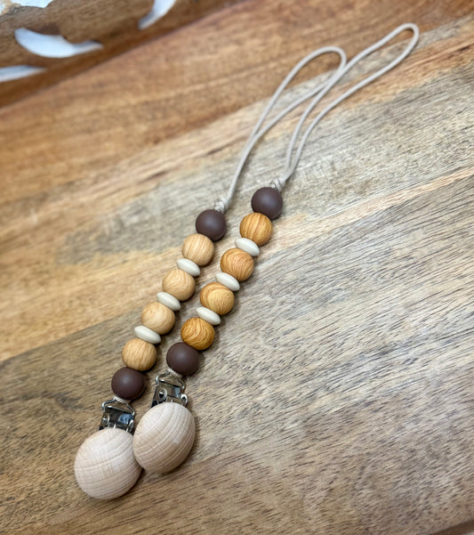 Wood grain pacifier clip