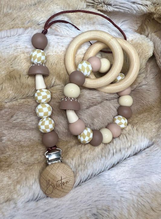 Neutral mushroom pacifier clip + teether ring