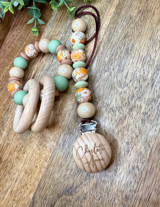 Boho floral western pacifier clip + teether rattle ring set