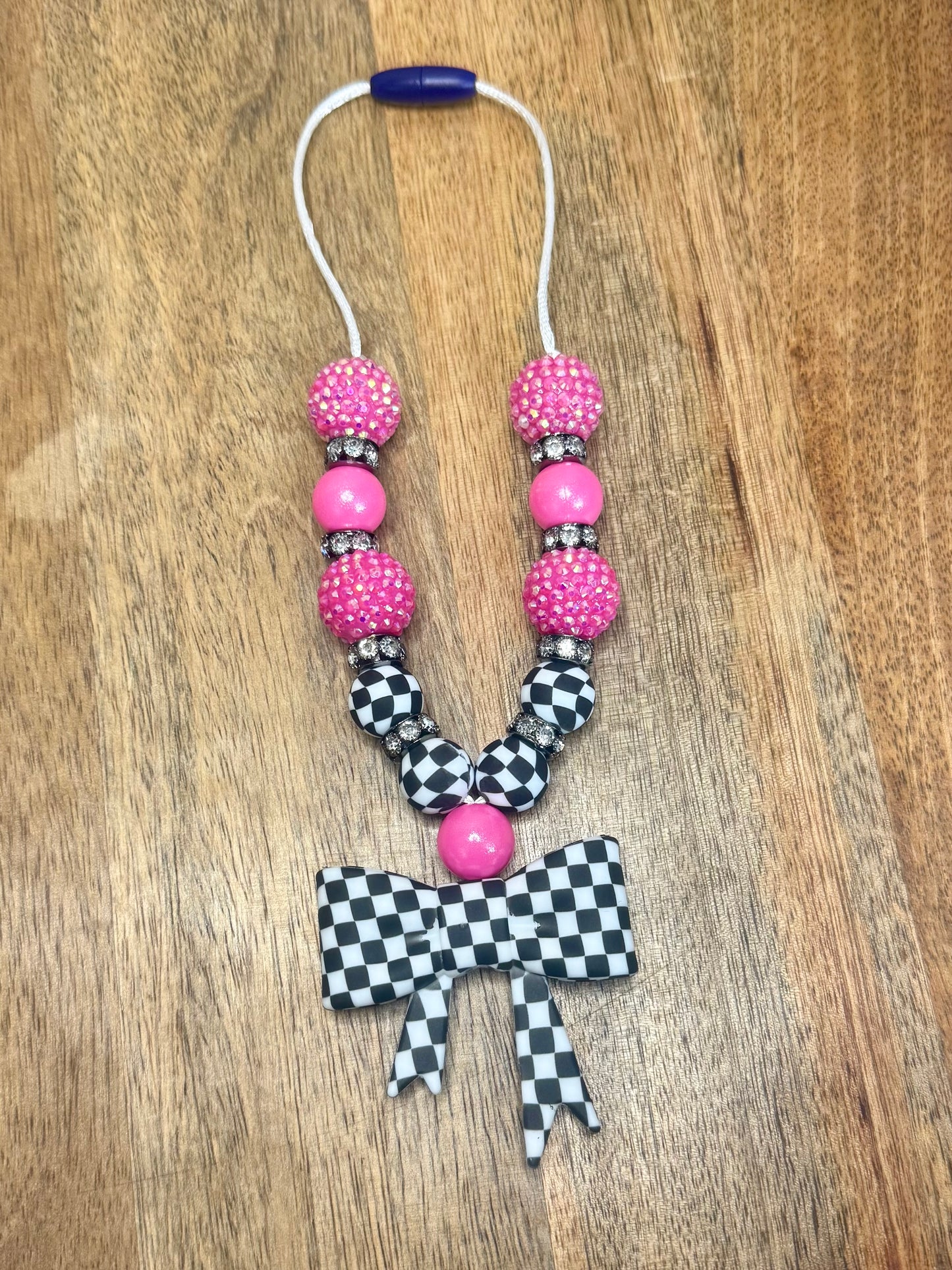 Pink checkered chunky boujee&bling bow carcharms charm