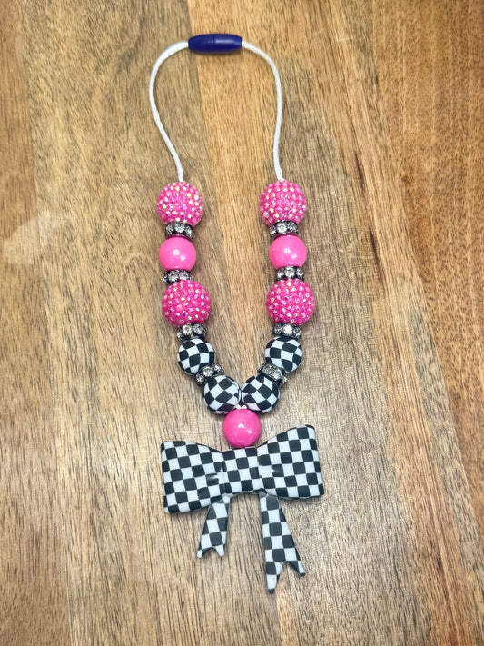 Pink checkered chunky boujee&bling bow carcharms charm