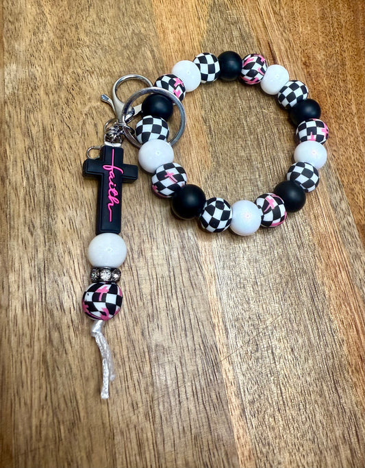 Pink & checkered faith wristlet w/dangle keychain