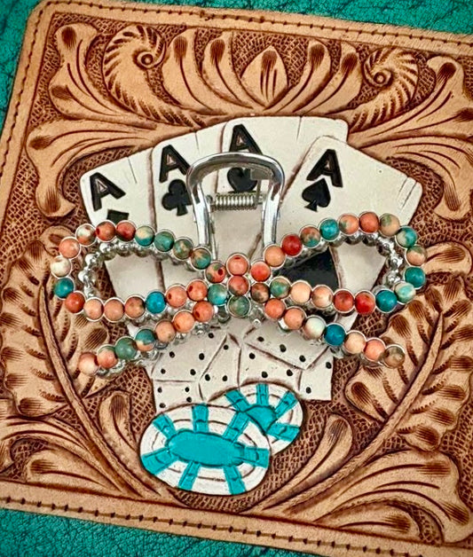 Coral+turquoise stone claw clip
