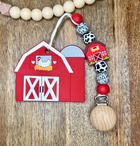 Barn yard pacifier clip + matching teether