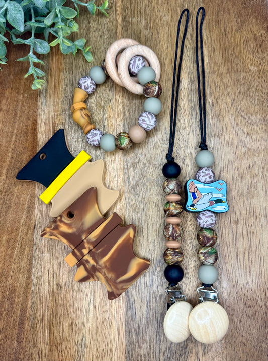 Hunting buddy pacifier clip + silicone teether