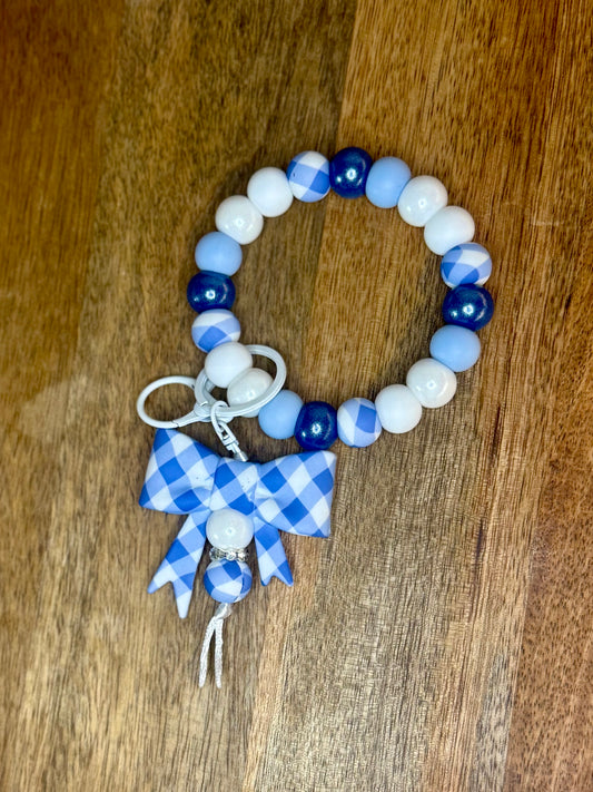 Blue gingham wristlet w/dangle keychain