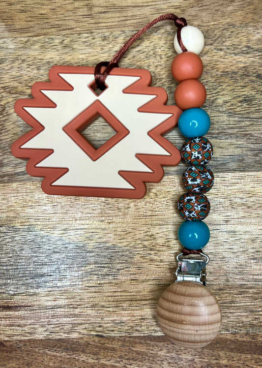 Aztec pacifier clip + matching teether