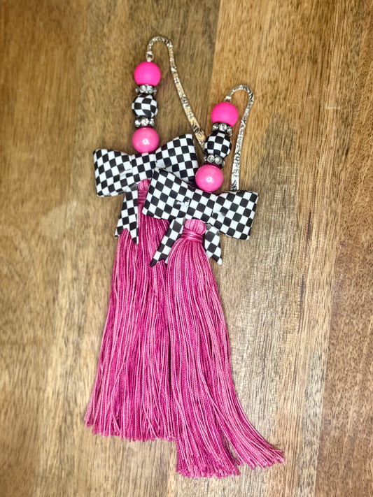Pink checkered bow xl Bible tassel