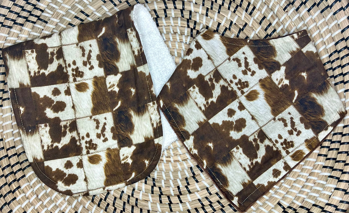 Cowhide patch bandana bib & burp cloth set