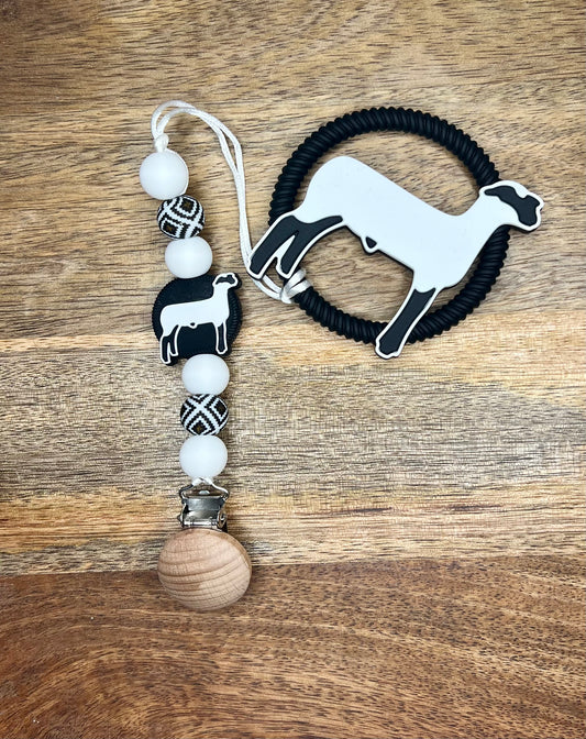 Sweet lamb pacifier clip + matching teether(no engraving)