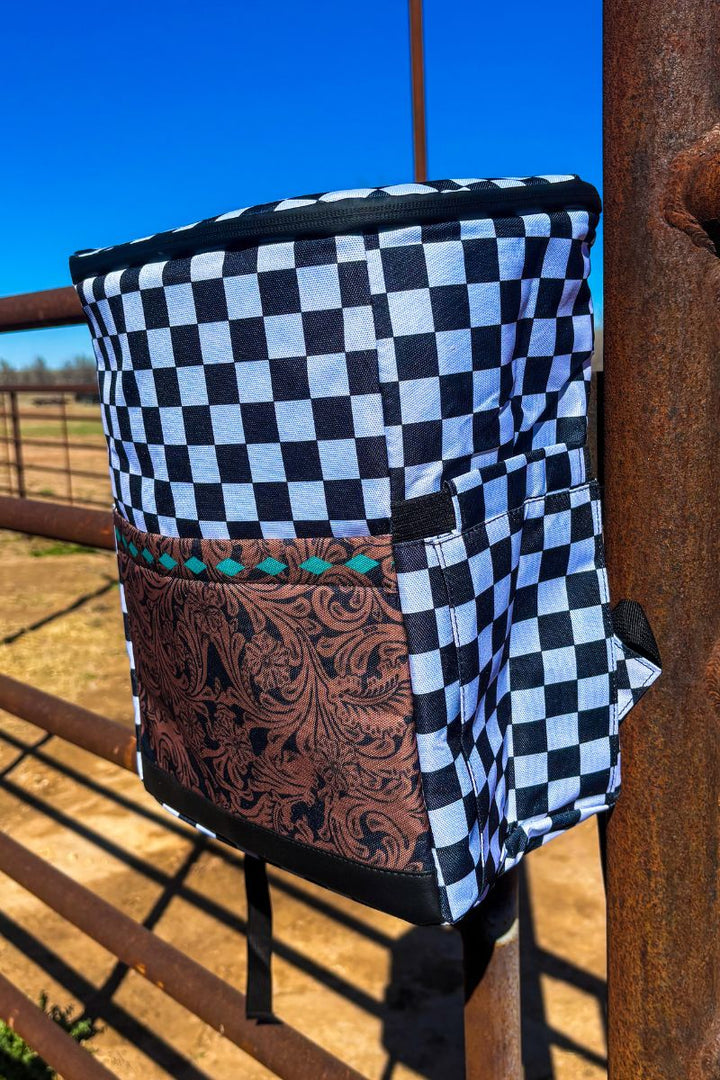 Checkered tooled leather backpack coolers should pack cooler